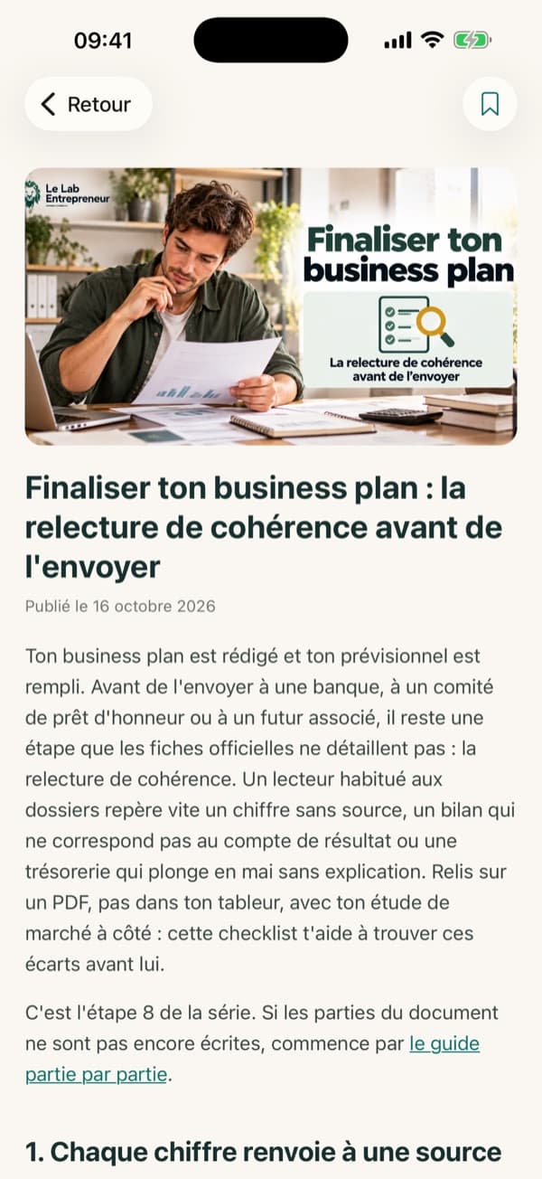 Lecture d’un article dans l’appli Le Lab Entrepreneur