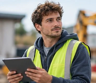 Un artisan du bâtiment sur un chantier, sa tablette à la main