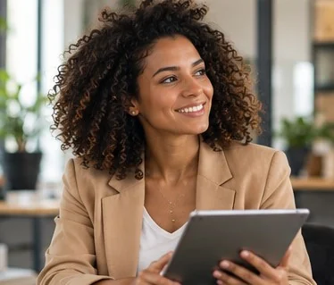 Une entrepreneuse consulte sa tablette à son bureau
